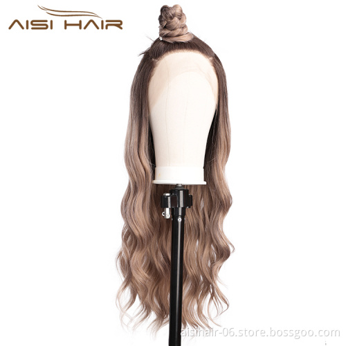 Aisi Hair Cheap Long Wavy Ombre Brown Dark Root Wig Body Wave Lace Front Wig Synthetic Fiber Front Lace Wigs For Black Women